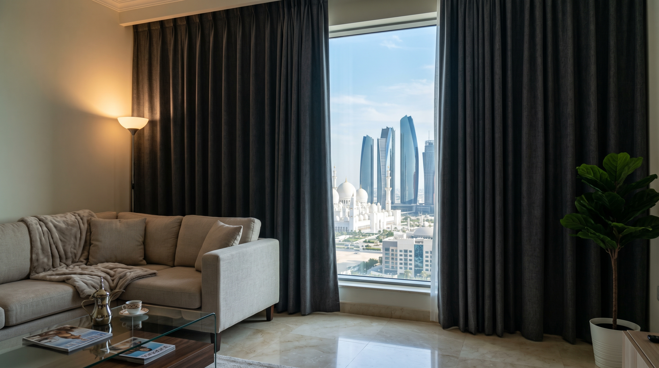 Blackout curtains in Abu Dhabi bedroom for privacy and light control