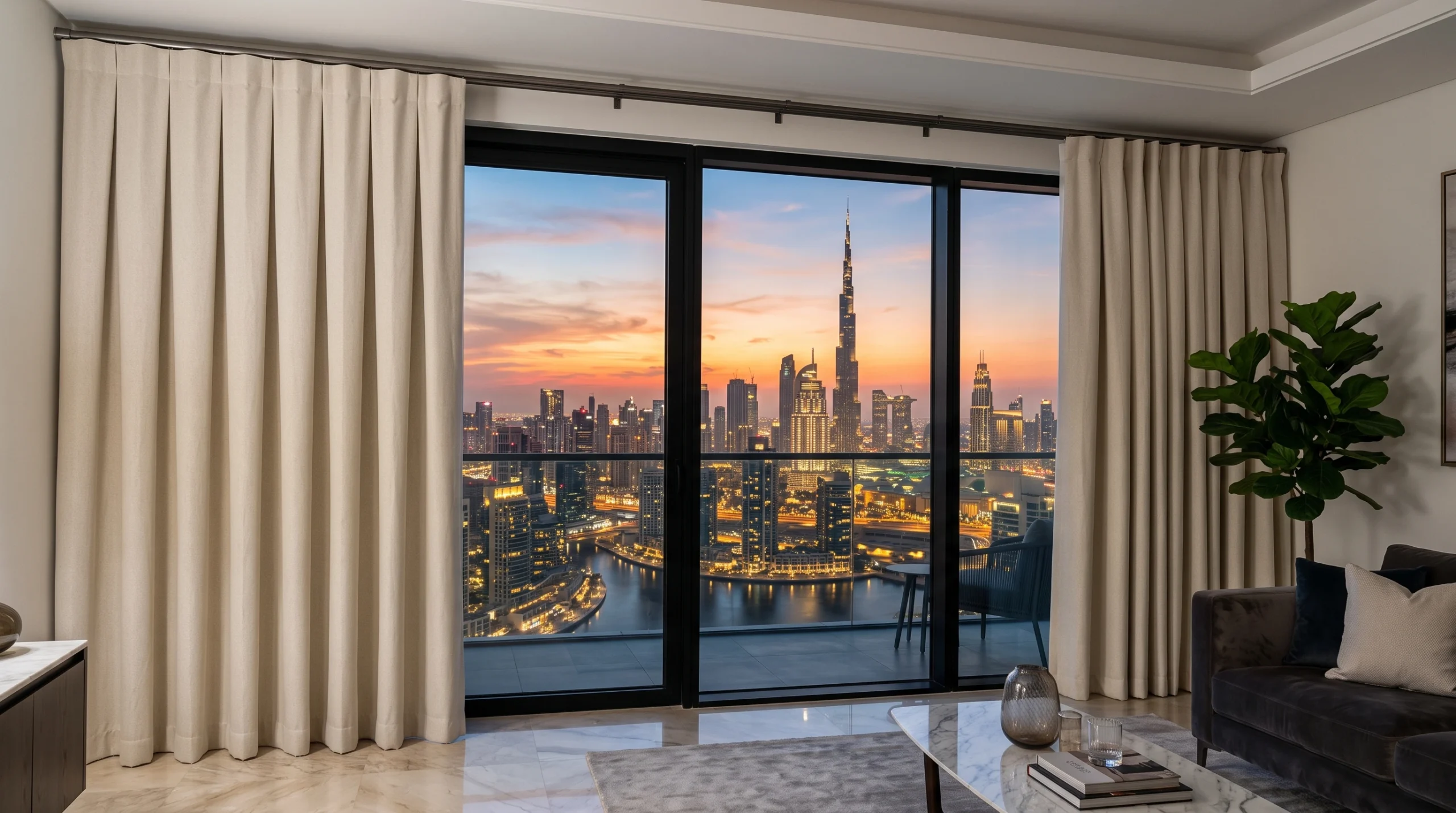 Custom inverted pleat curtains in Dubai with floor-to-ceiling windows