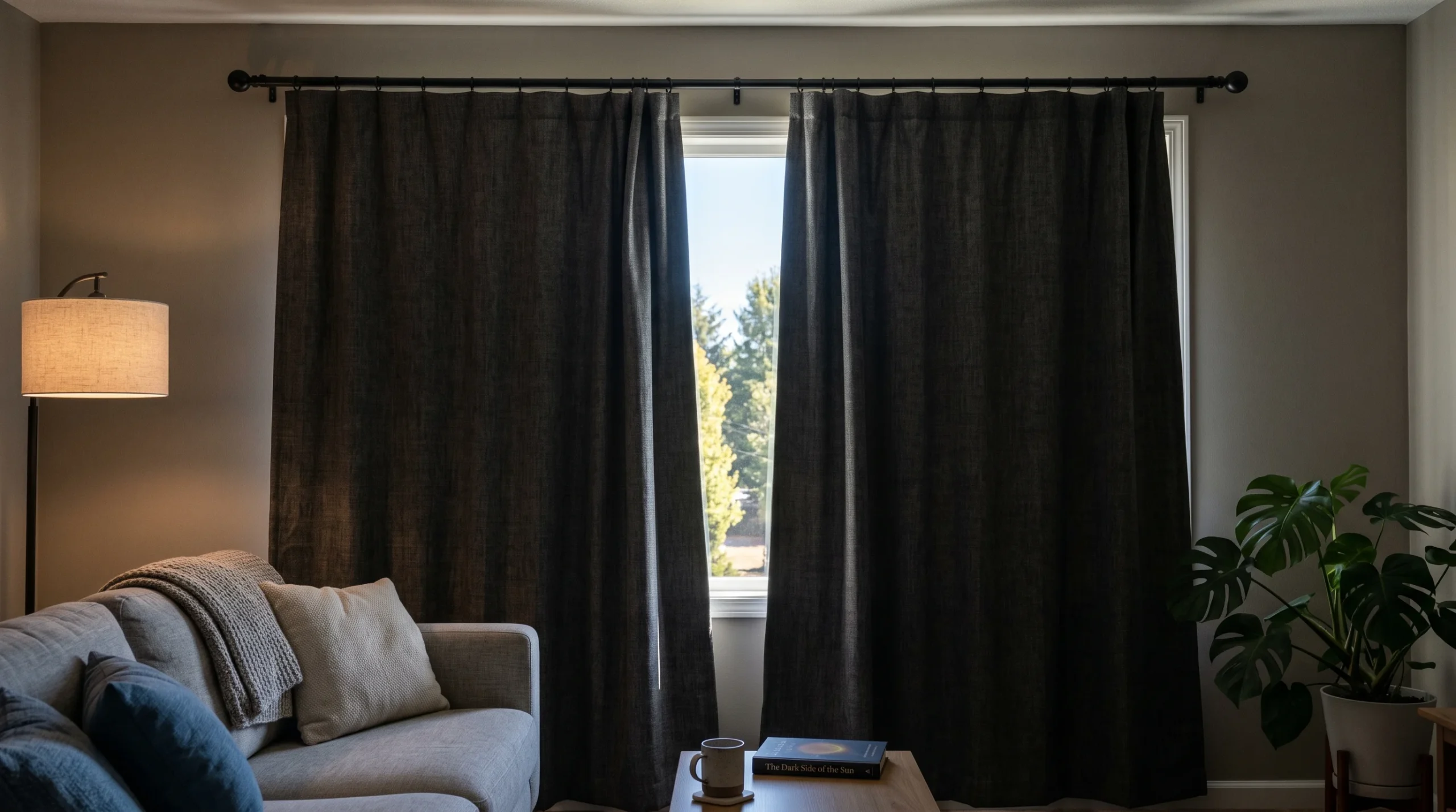 Floor-to-ceiling blackout curtains covering large glass windows in a Dubai villa