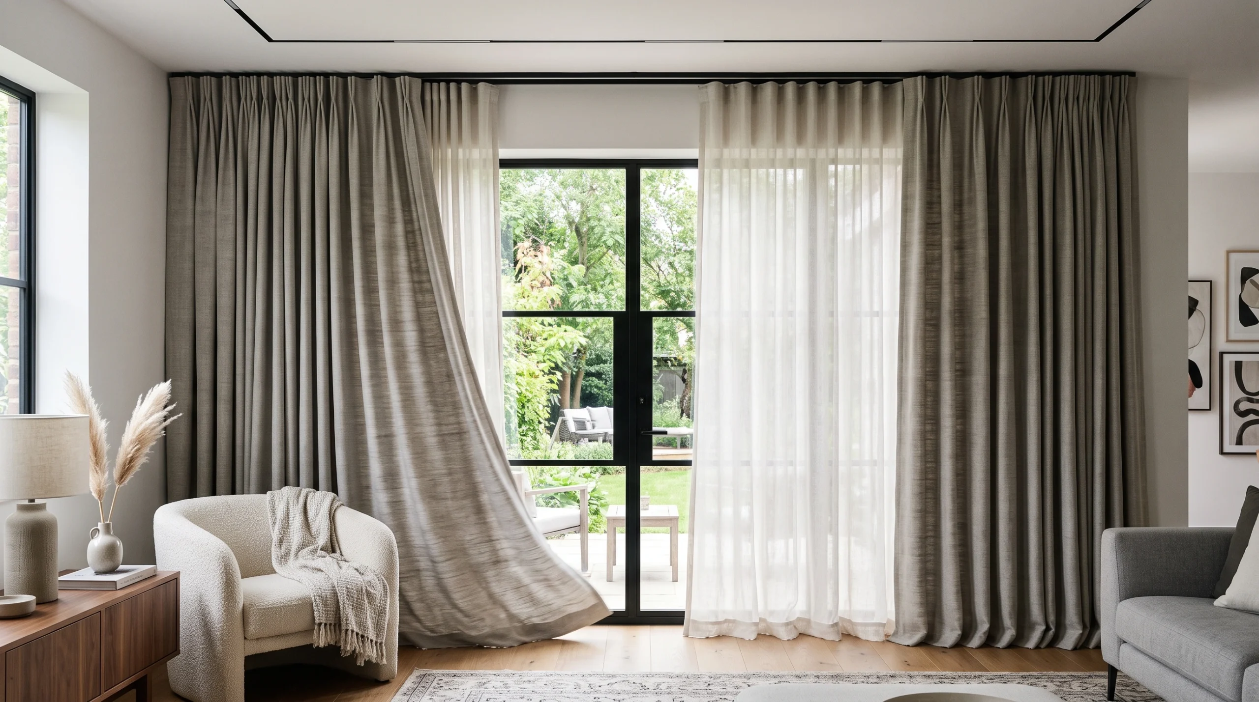 Made-to-measure curtains fitted to large windows in a Dubai home