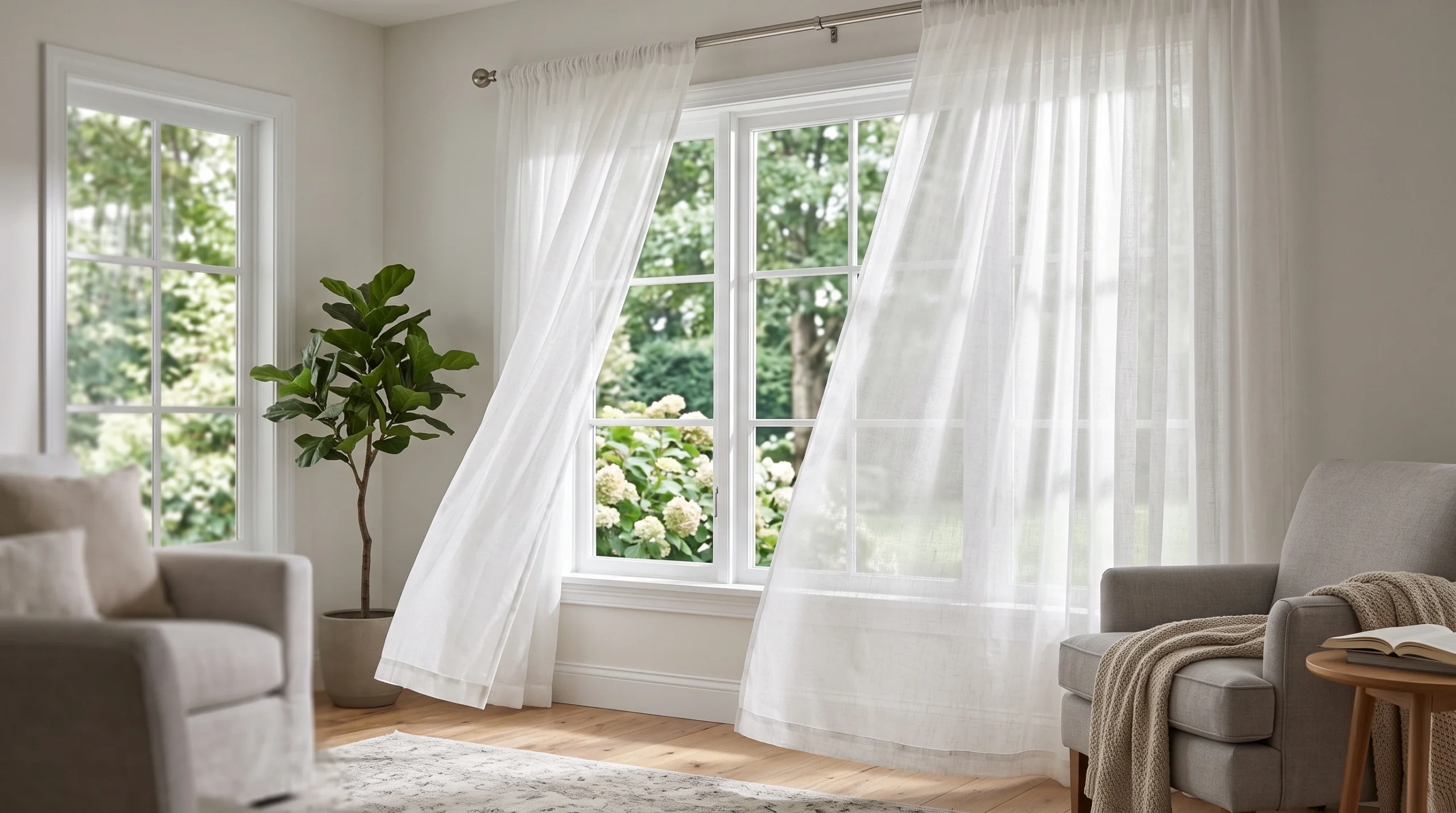 Made to measure sheer curtains Dubai fitted across floor-to-ceiling windows