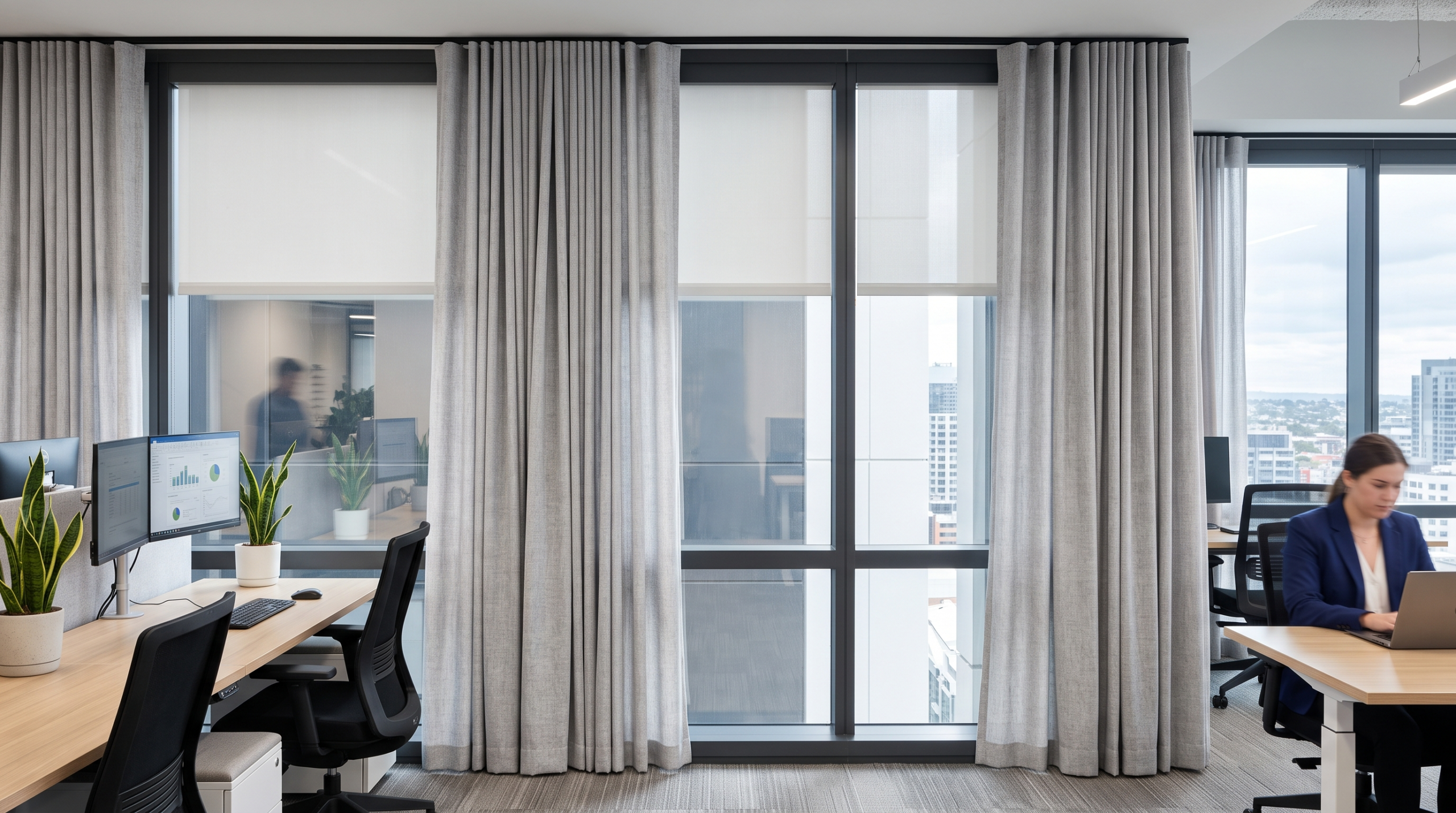 Modern office curtains in Dubai with elegant floor-to-ceiling window treatment