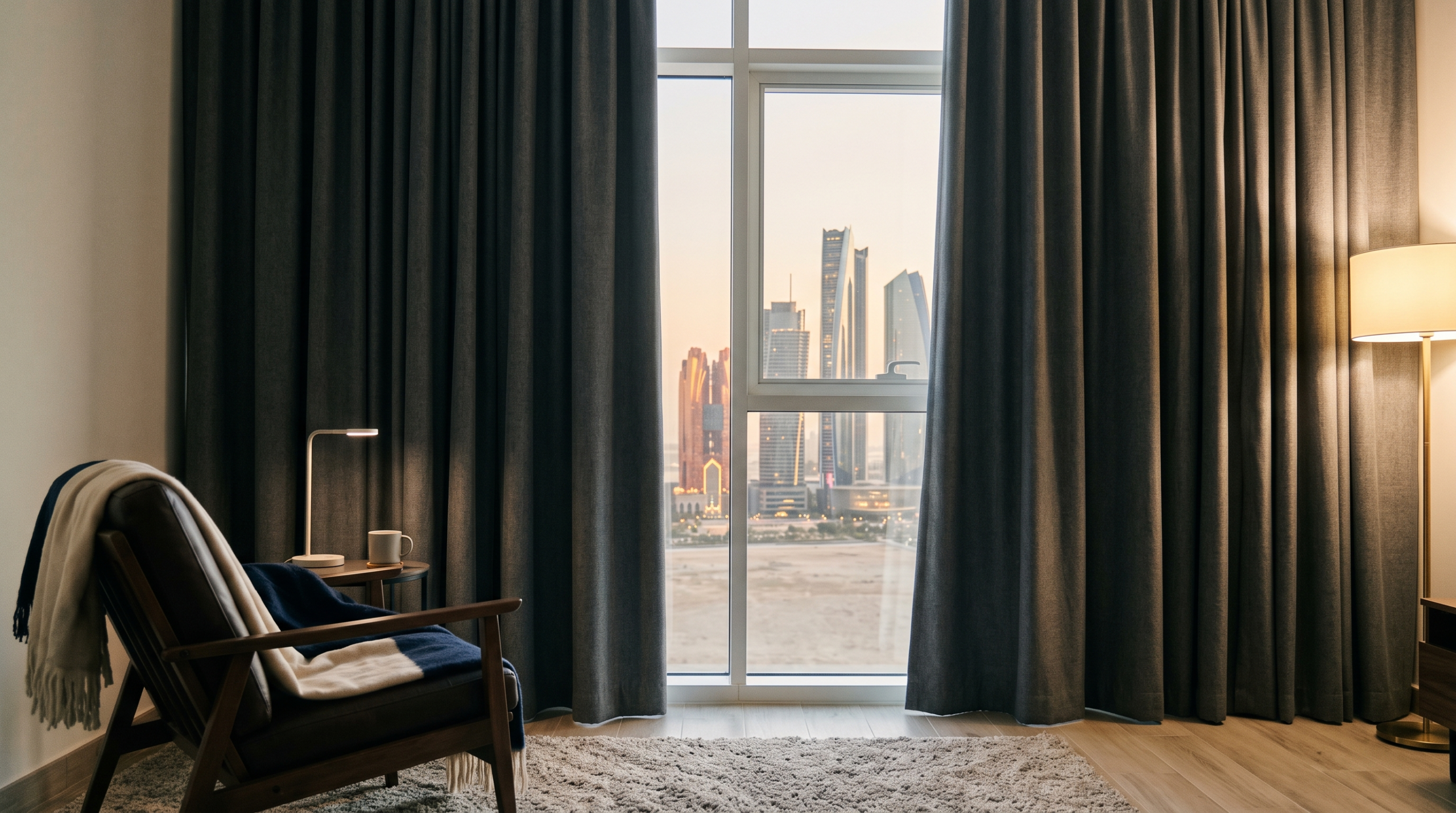 Motorized blackout curtains for floor-to-ceiling windows in Abu Dhabi