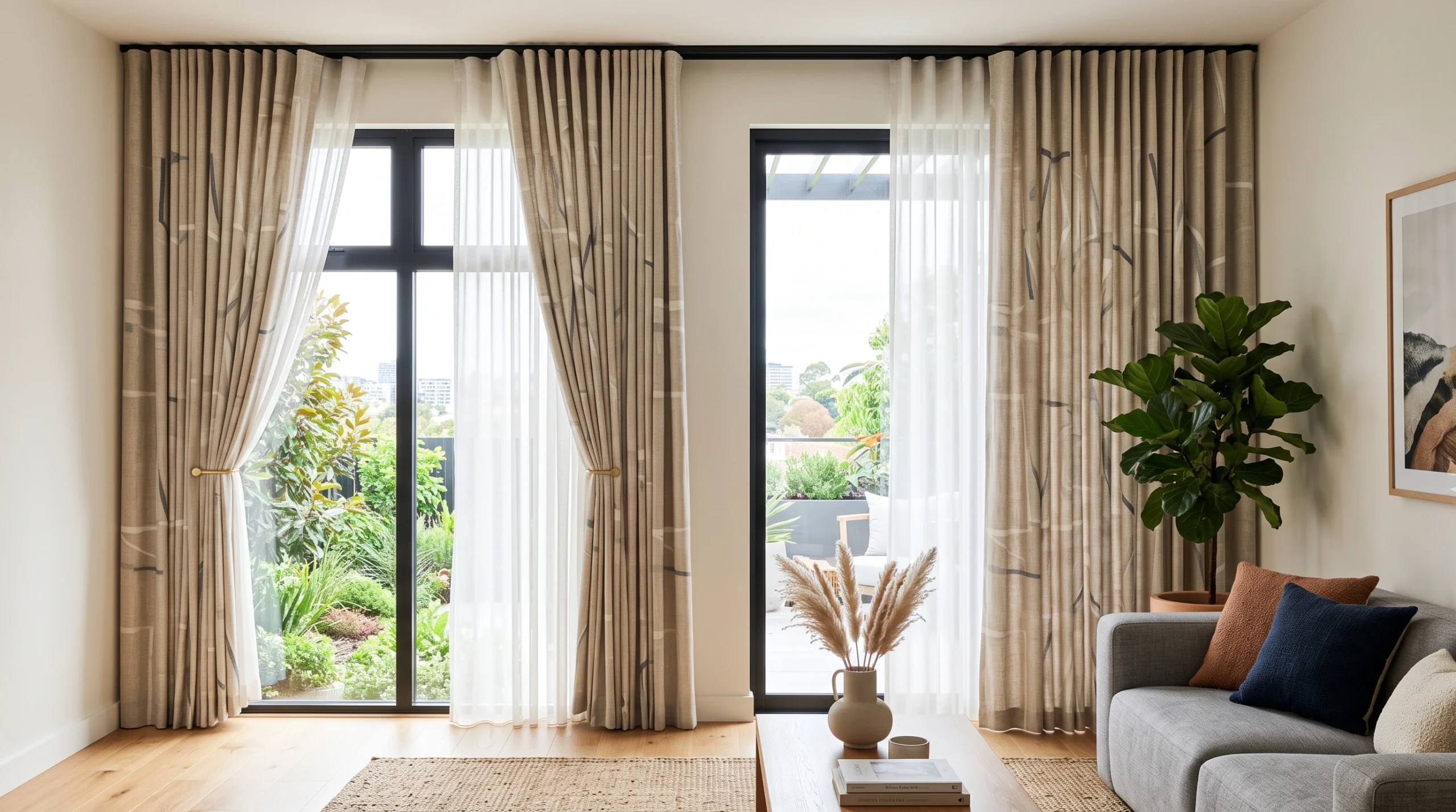 Made-to-measure curtains fitted to large windows in a Dubai home