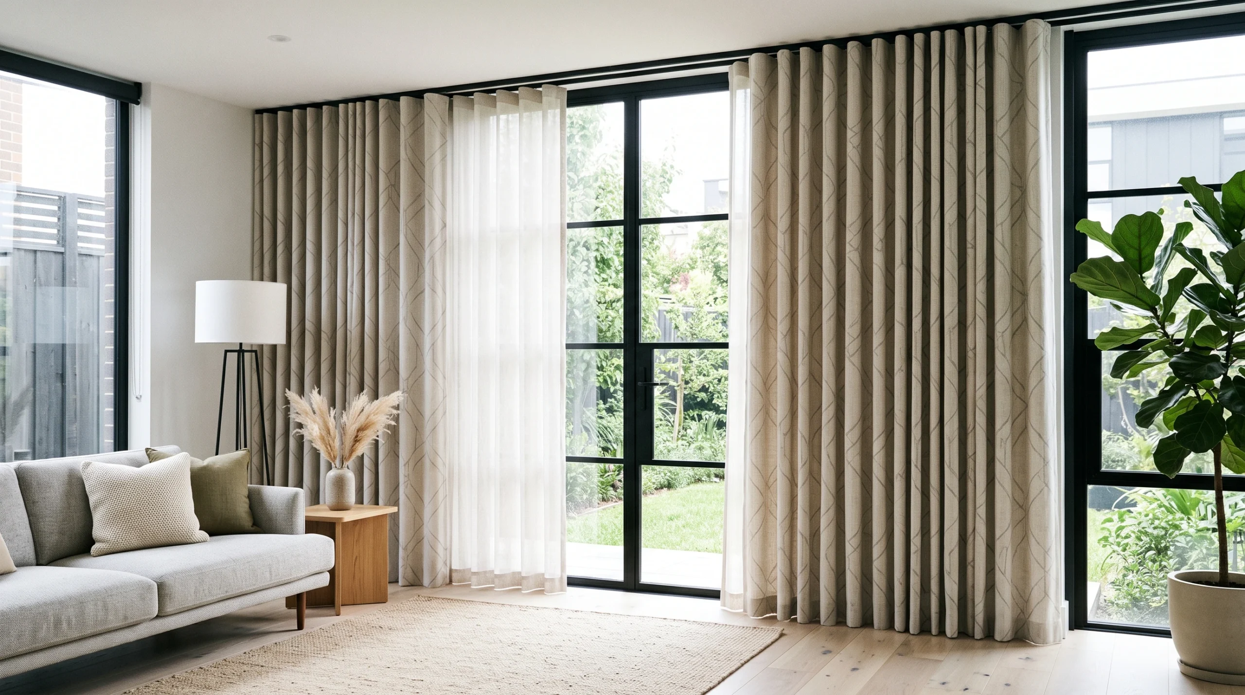 Sheer and blackout curtains in a modern Dubai living room