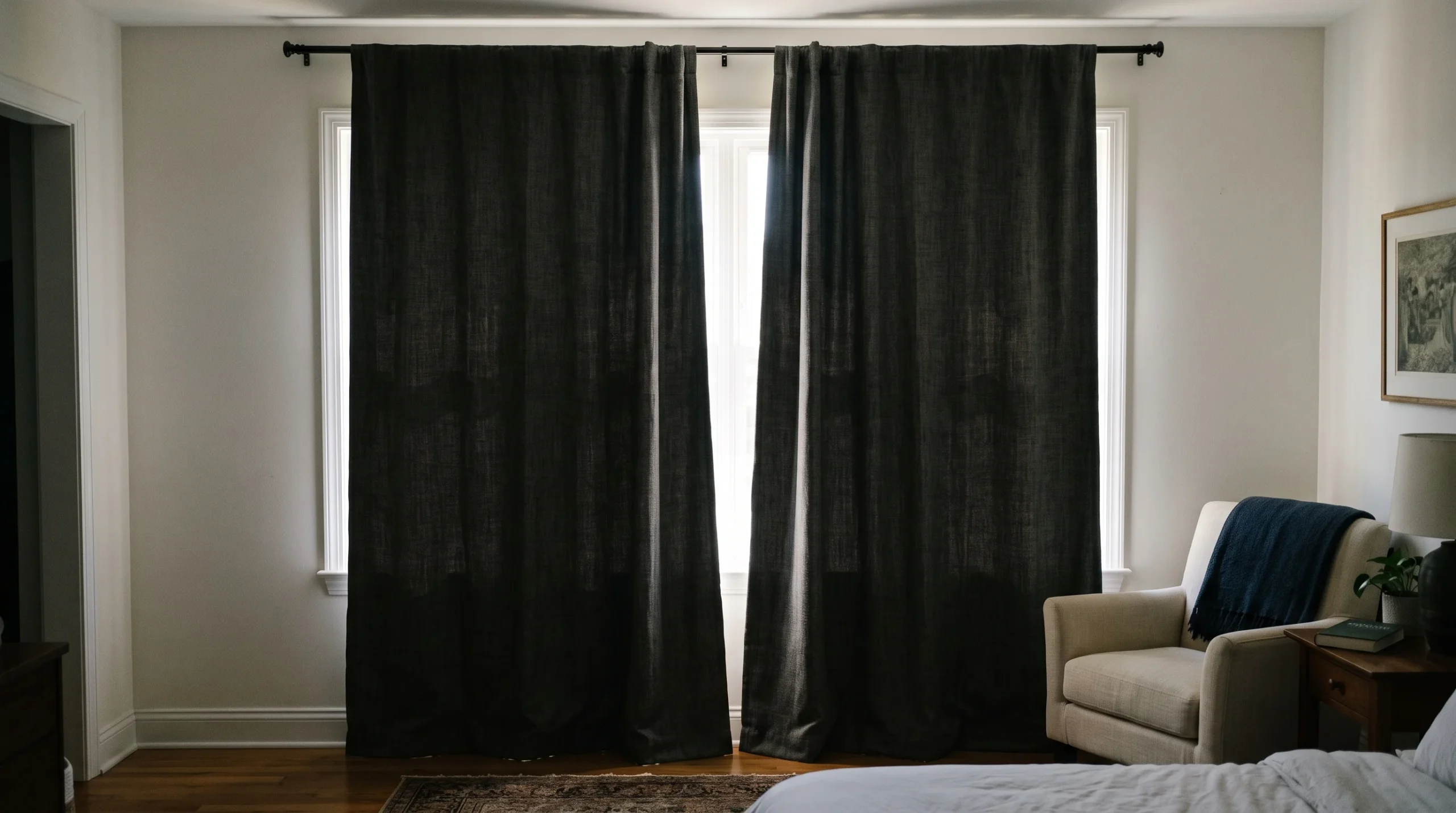 Sheer and blackout curtains layered for sunlight control in a modern Dubai home
