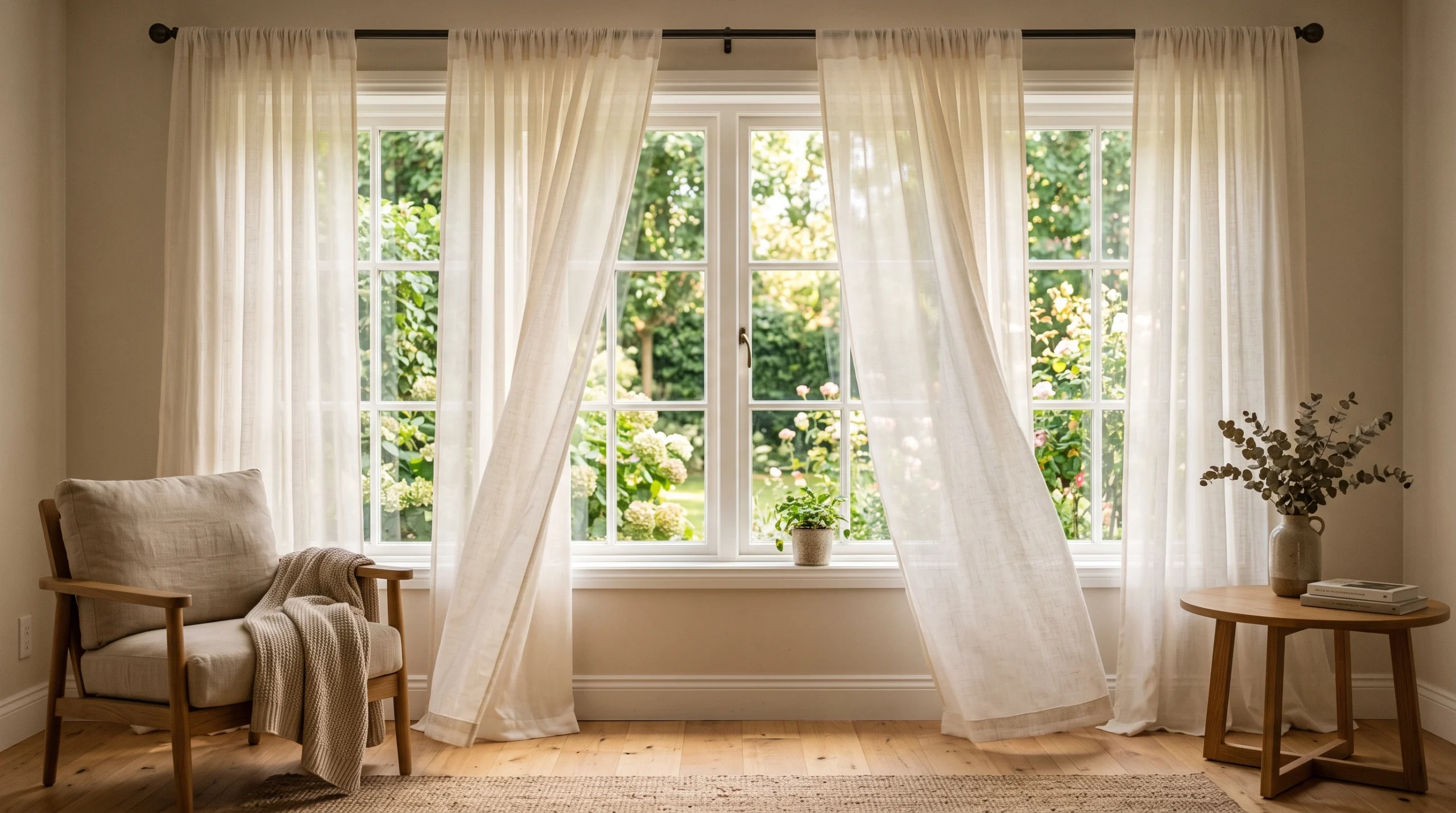 Sheer curtains Dubai filtering bright sunlight in a modern living room
