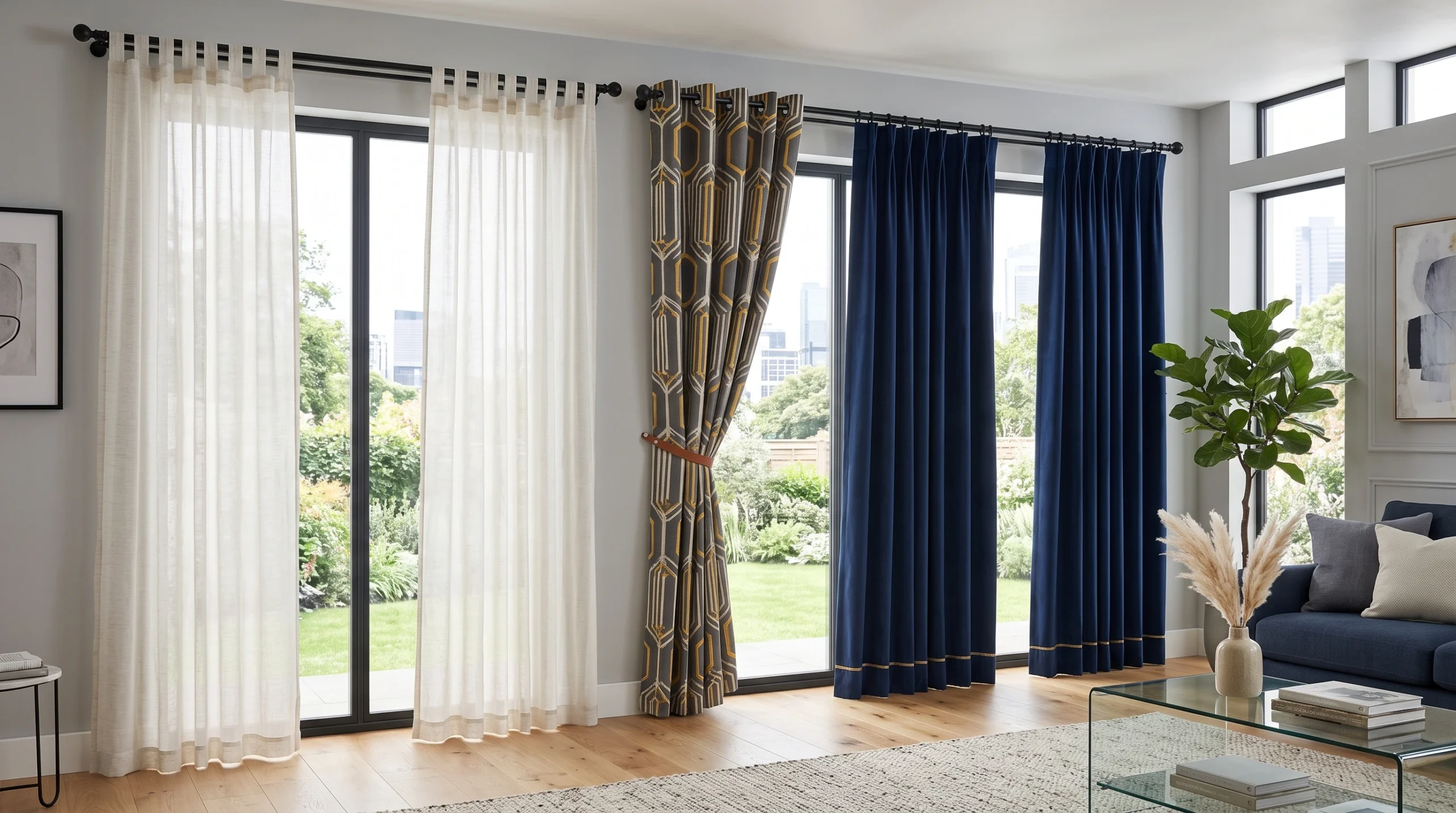 Wave-style curtains covering floor-to-ceiling windows in Dubai