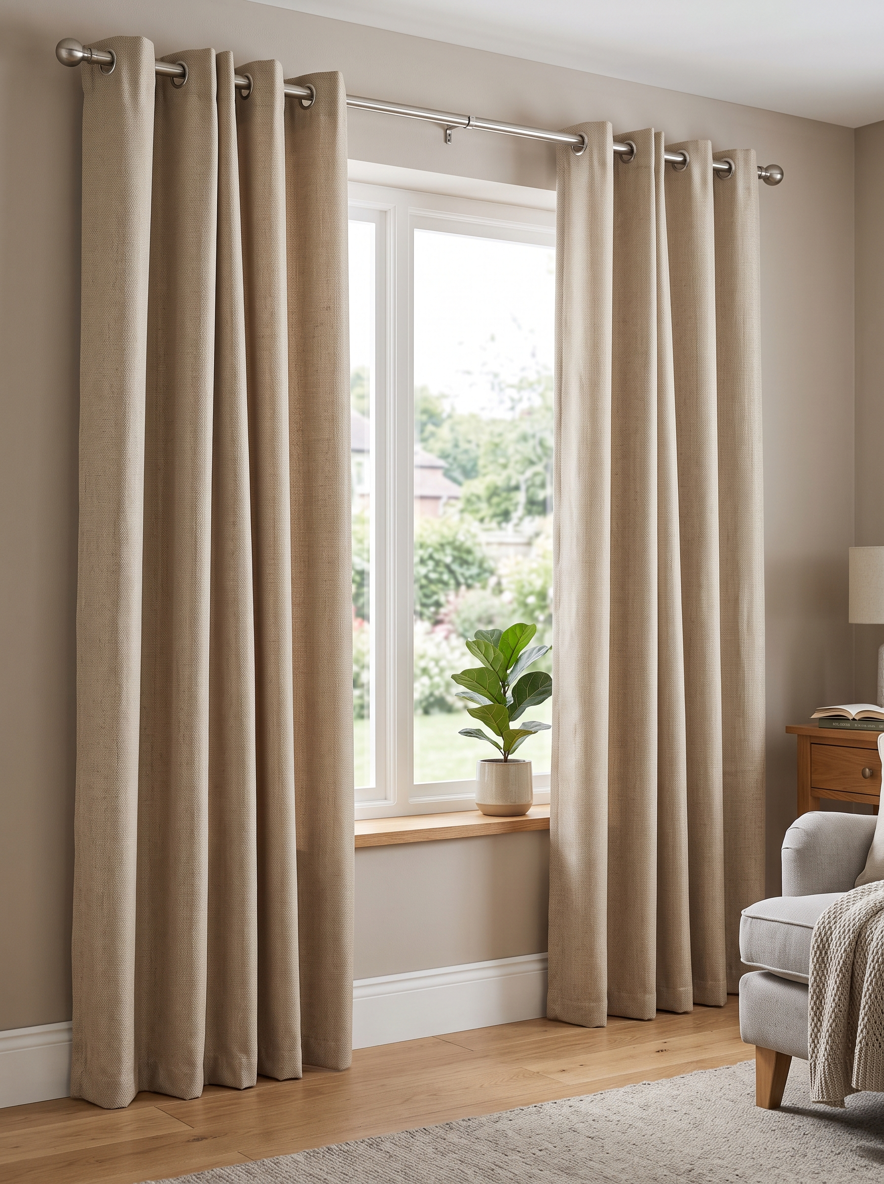 Beige polyester curtains hanging in modern living room