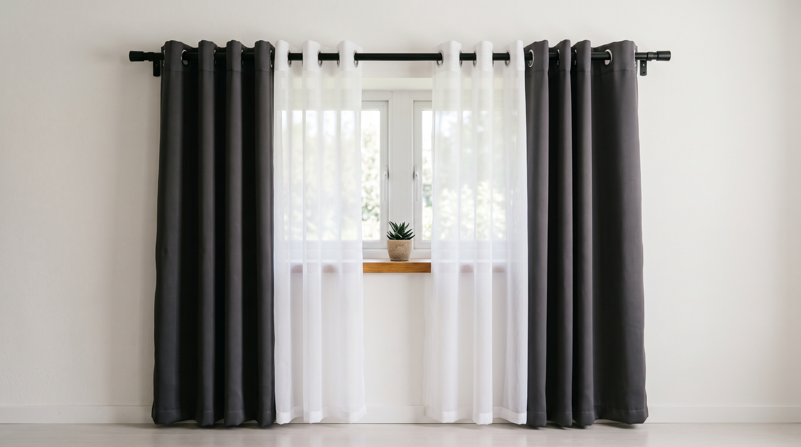 Layered curtains UAE with sheer and blackout combination in contemporary apartment