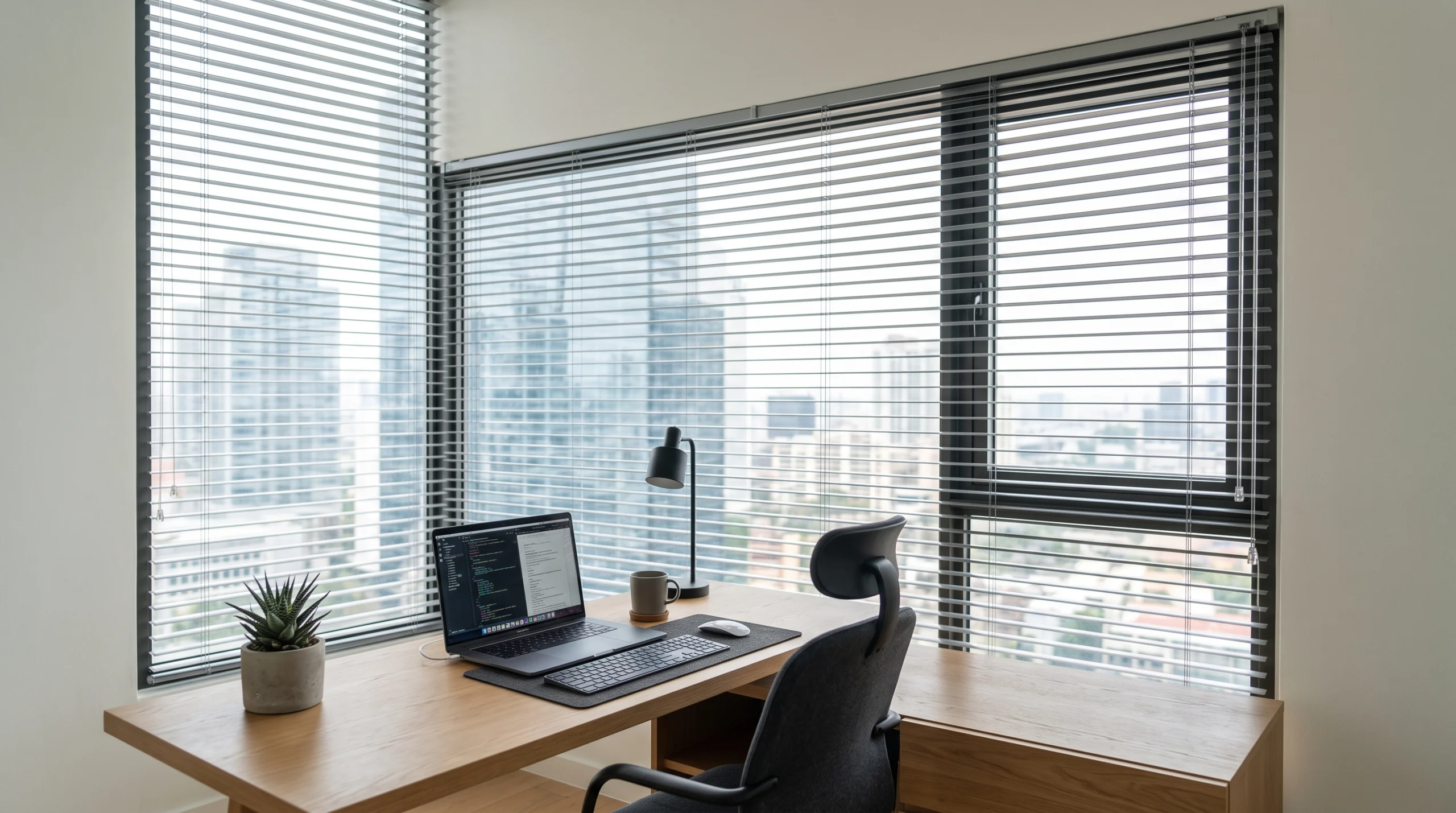 Venetian blinds Dubai providing precise light control in a contemporary office space