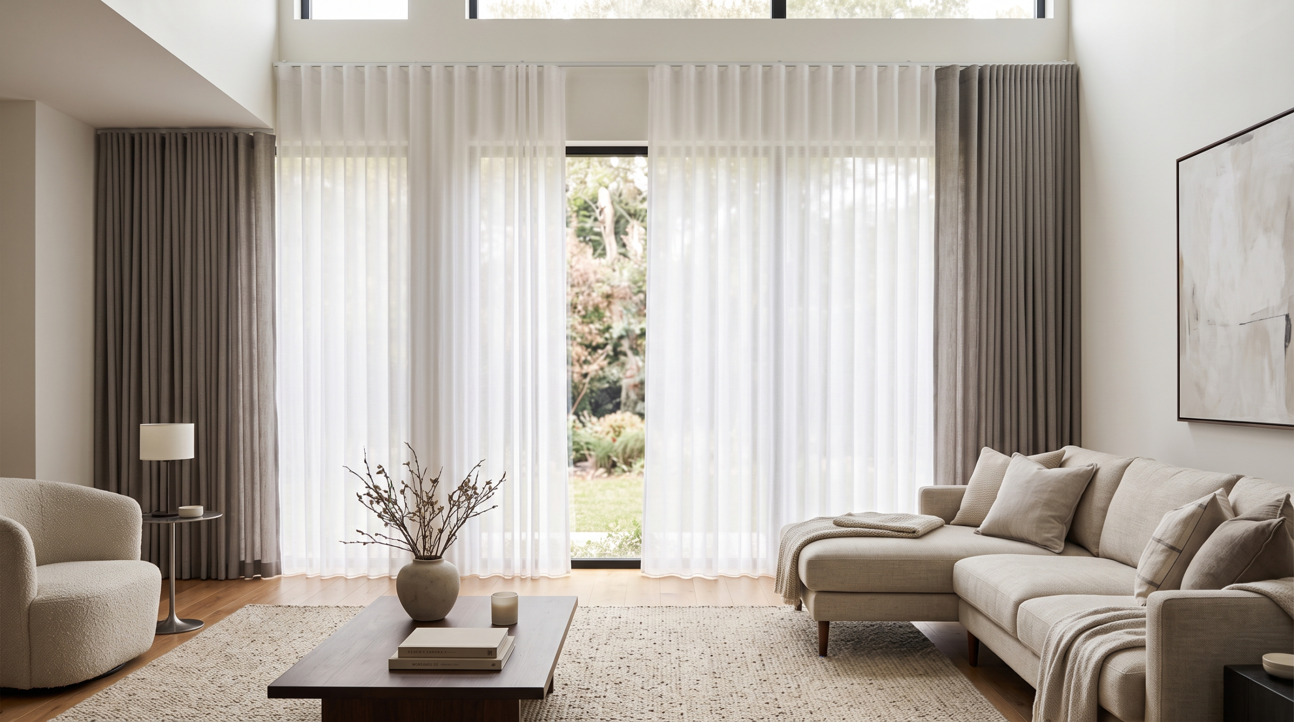 Wave style sheer and blackout layered curtains in a modern Dubai living room