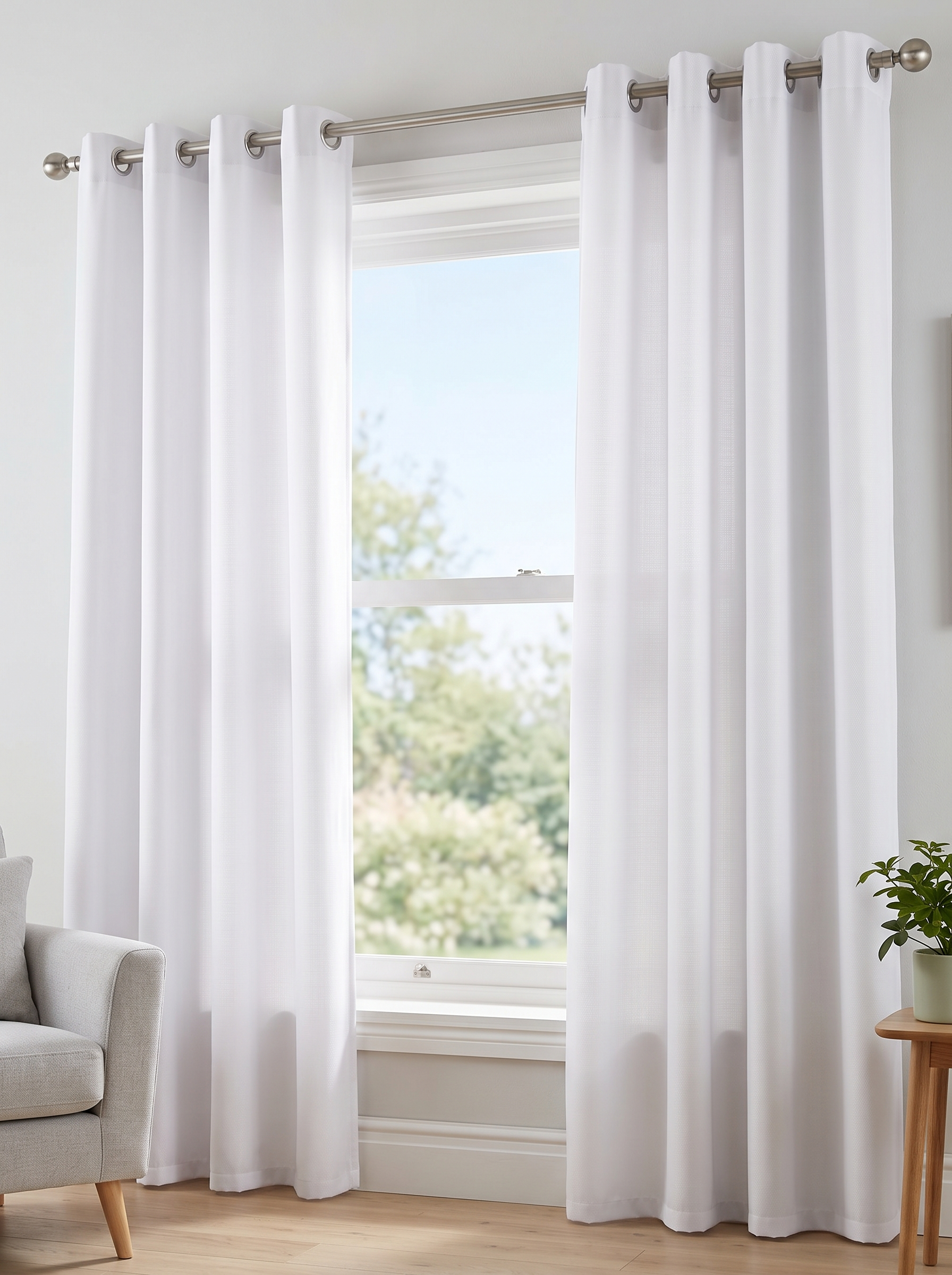 Sheer white polyester curtains for daylight filtering