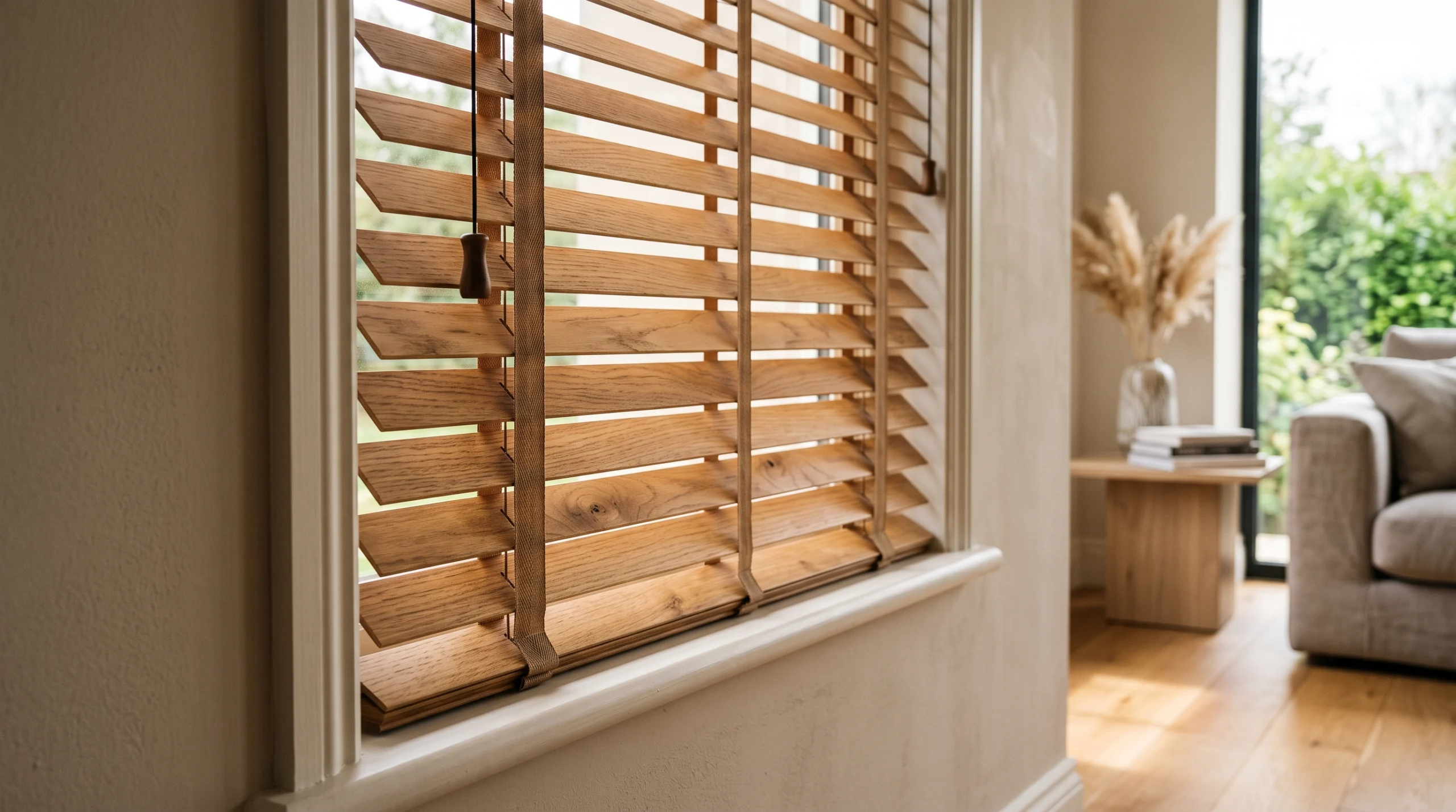 Wooden blinds Dubai installed in a bright modern living room with natural wood slats
