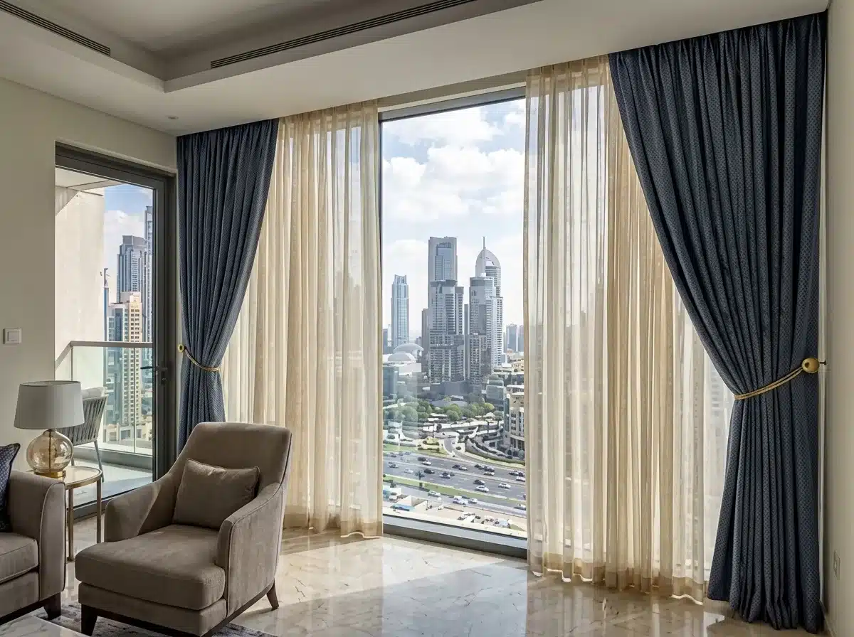 Floor-to-ceiling apartment window in Business Bay fitted with custom curtains