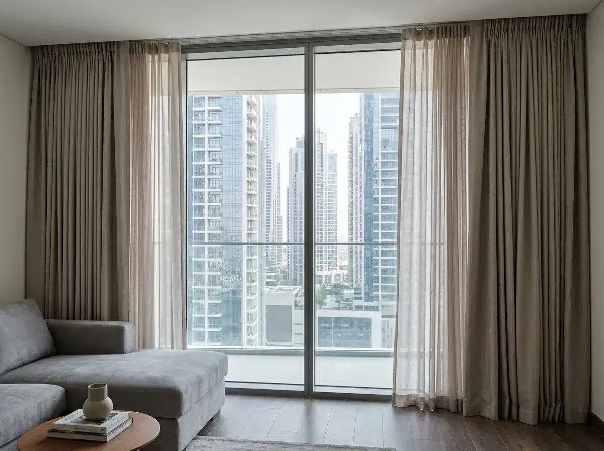 Dubai high-rise building facade showing uniform curtain colors across windows