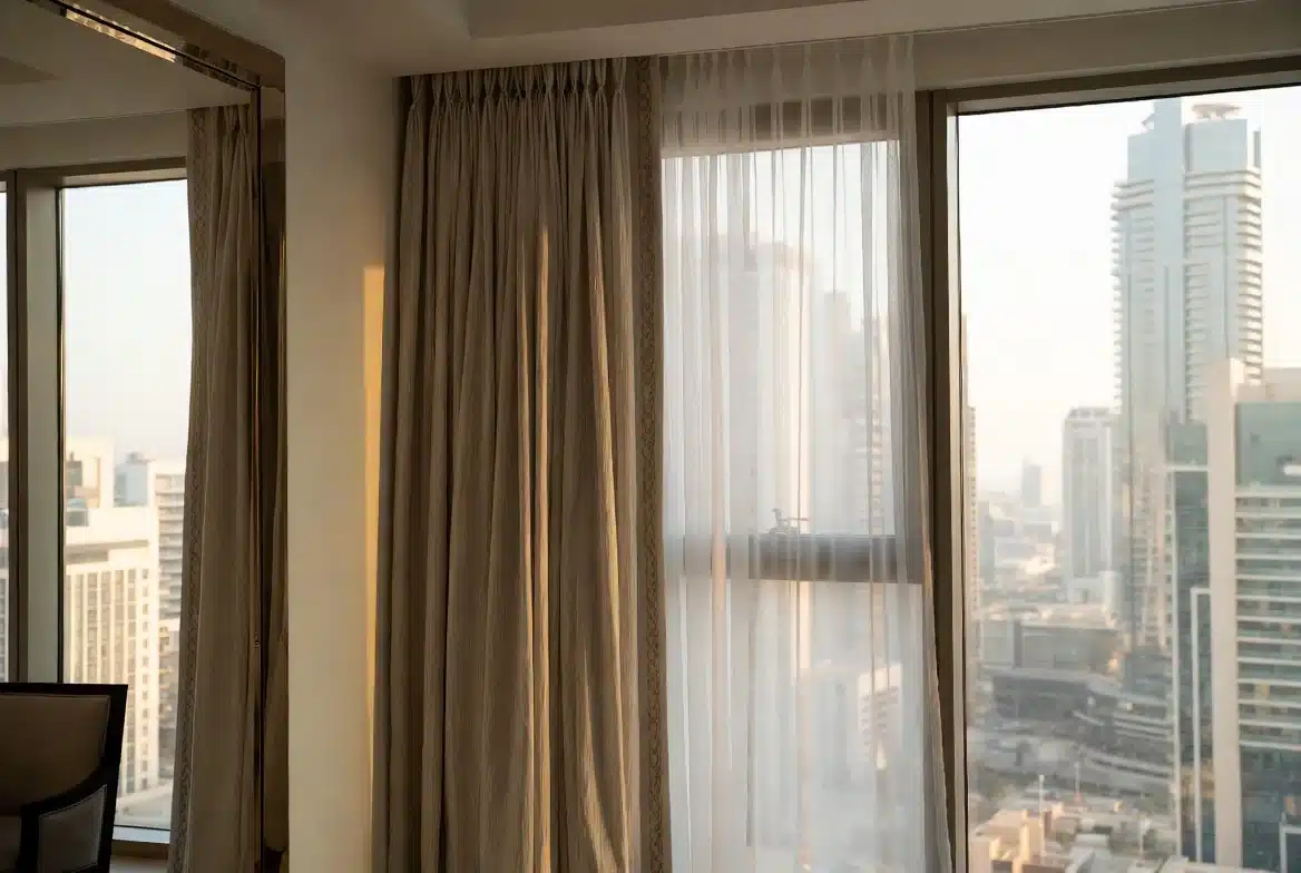 Custom floor-to-ceiling curtains in a modern Dubai apartment with stunning city skyline view