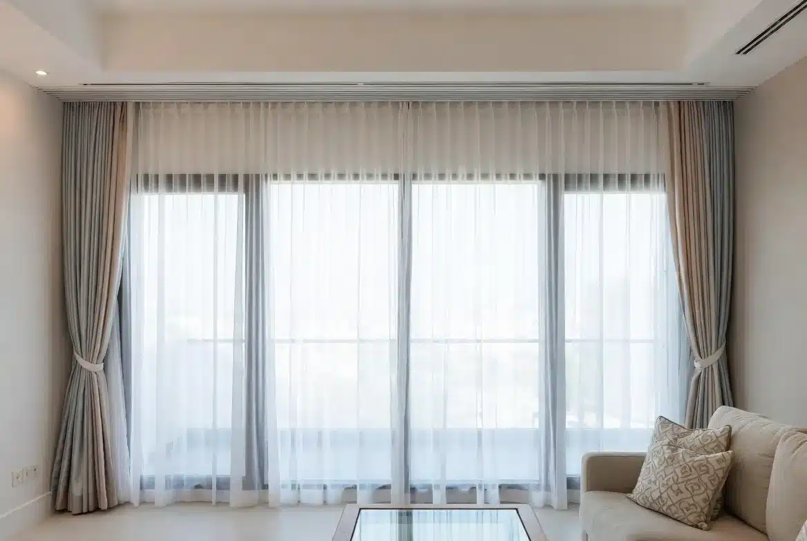 Motorized ceiling-mounted curtain track installed in a luxury Dubai villa living room