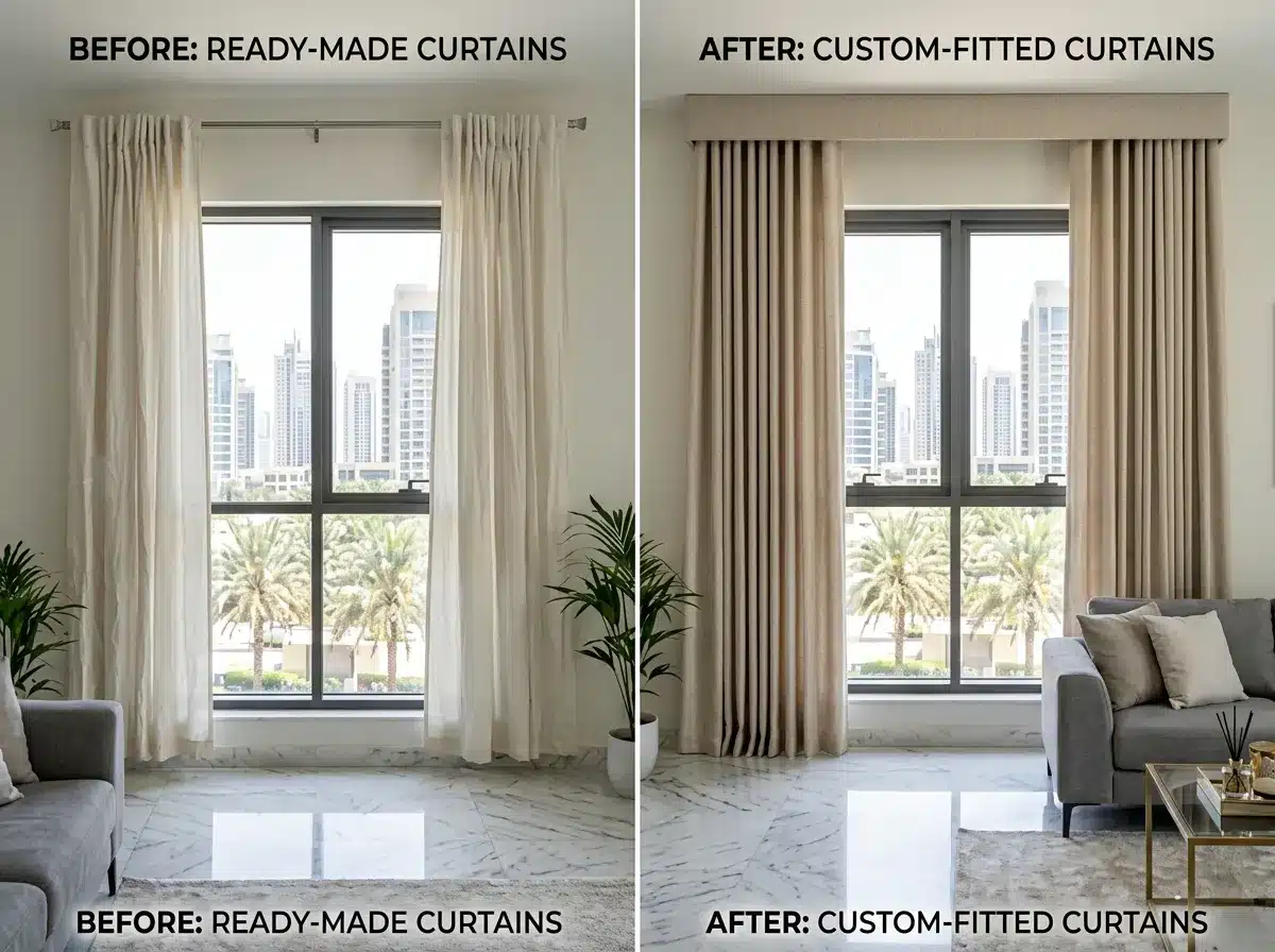 Before and after comparison of ready-made versus custom-fitted curtains in a Dubai living room