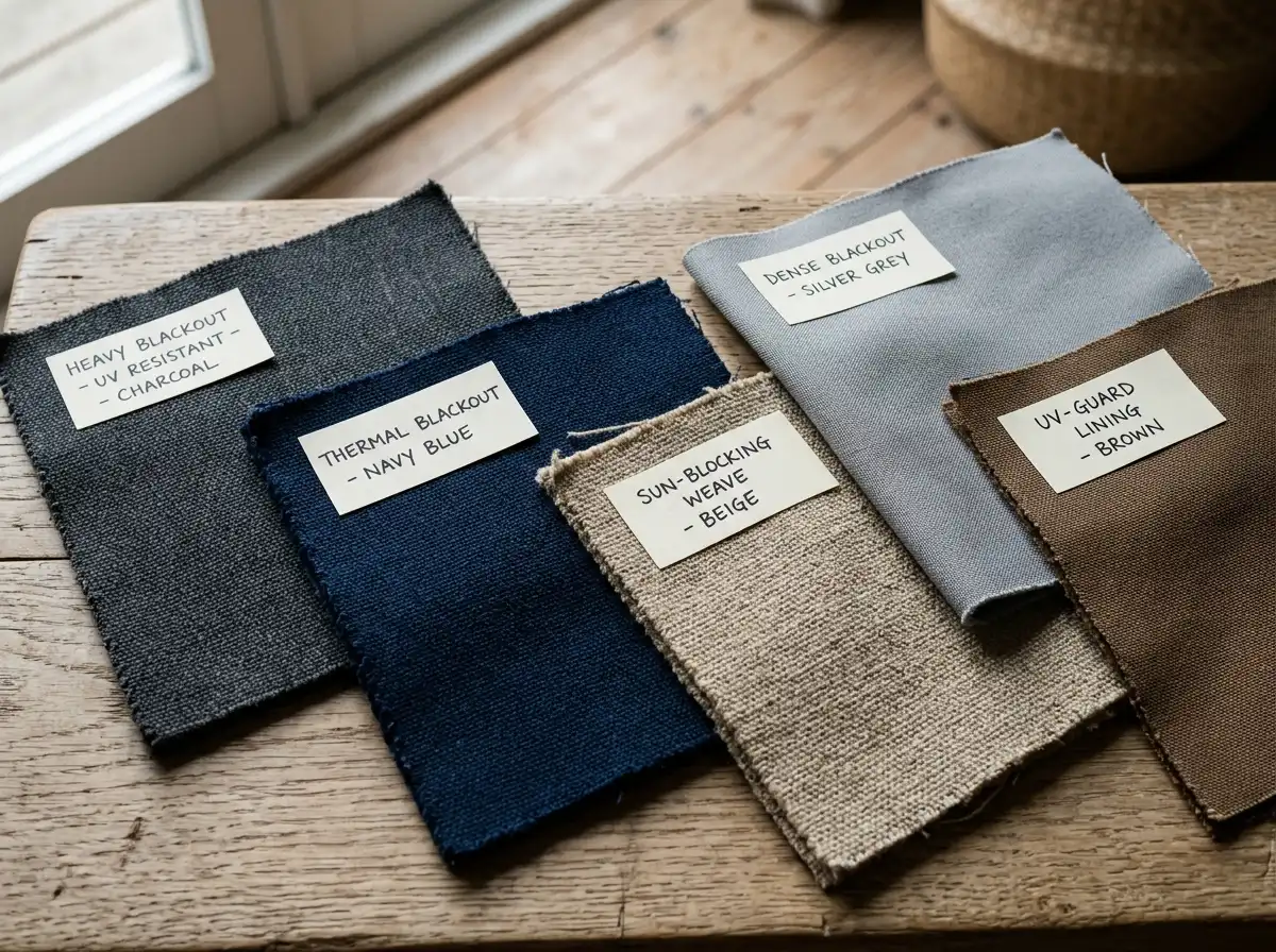 Close-up of UV-resistant blackout curtain fabric swatches for UAE homes
