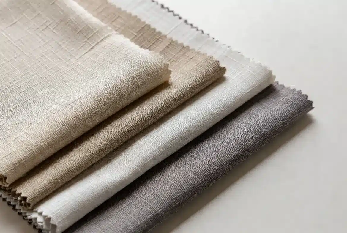 Close-up of UV-resistant curtain fabric swatches in neutral tones suitable for Dubai climate