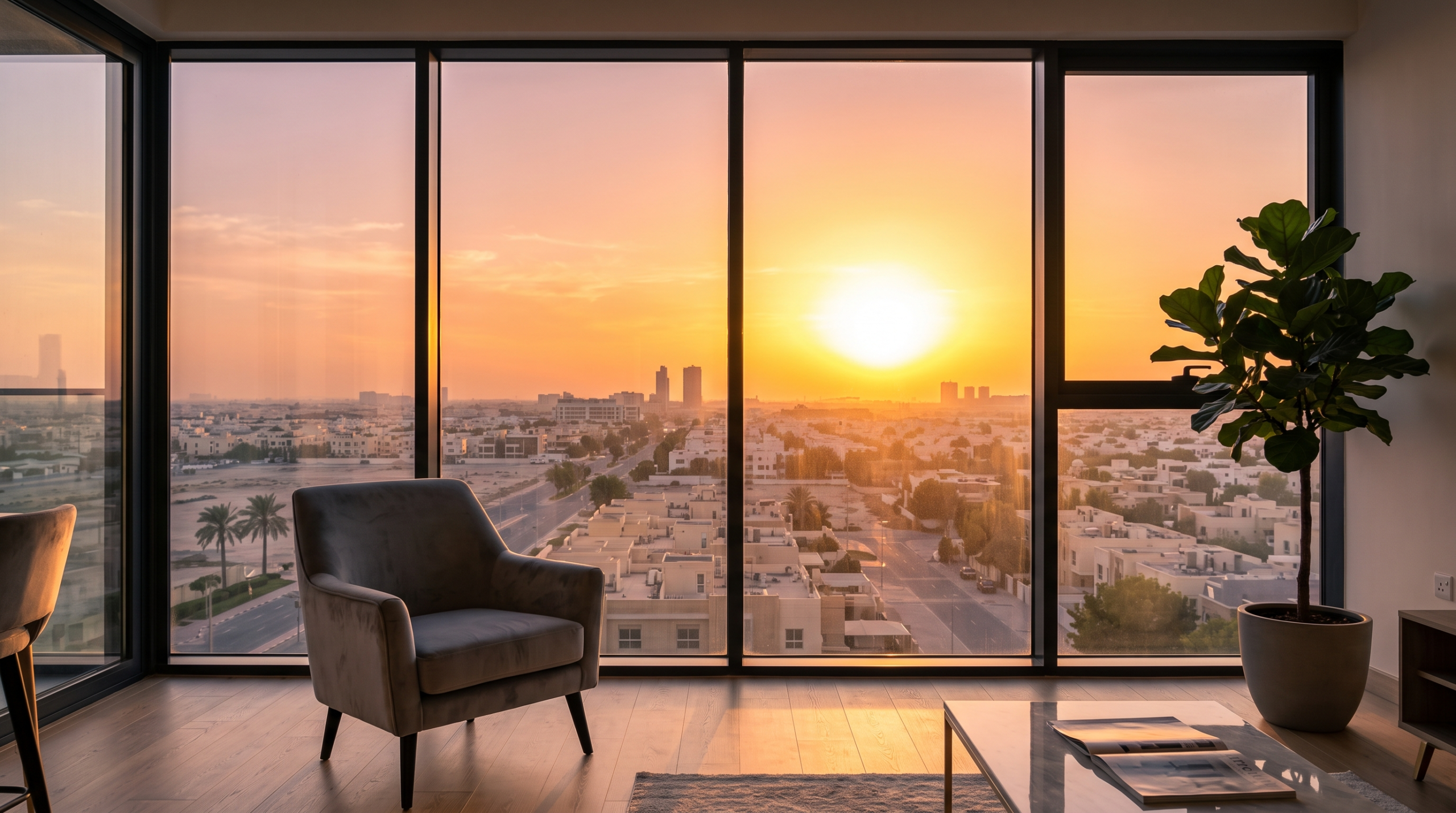 Dubai apartment window with intense afternoon sunlight and skyline view