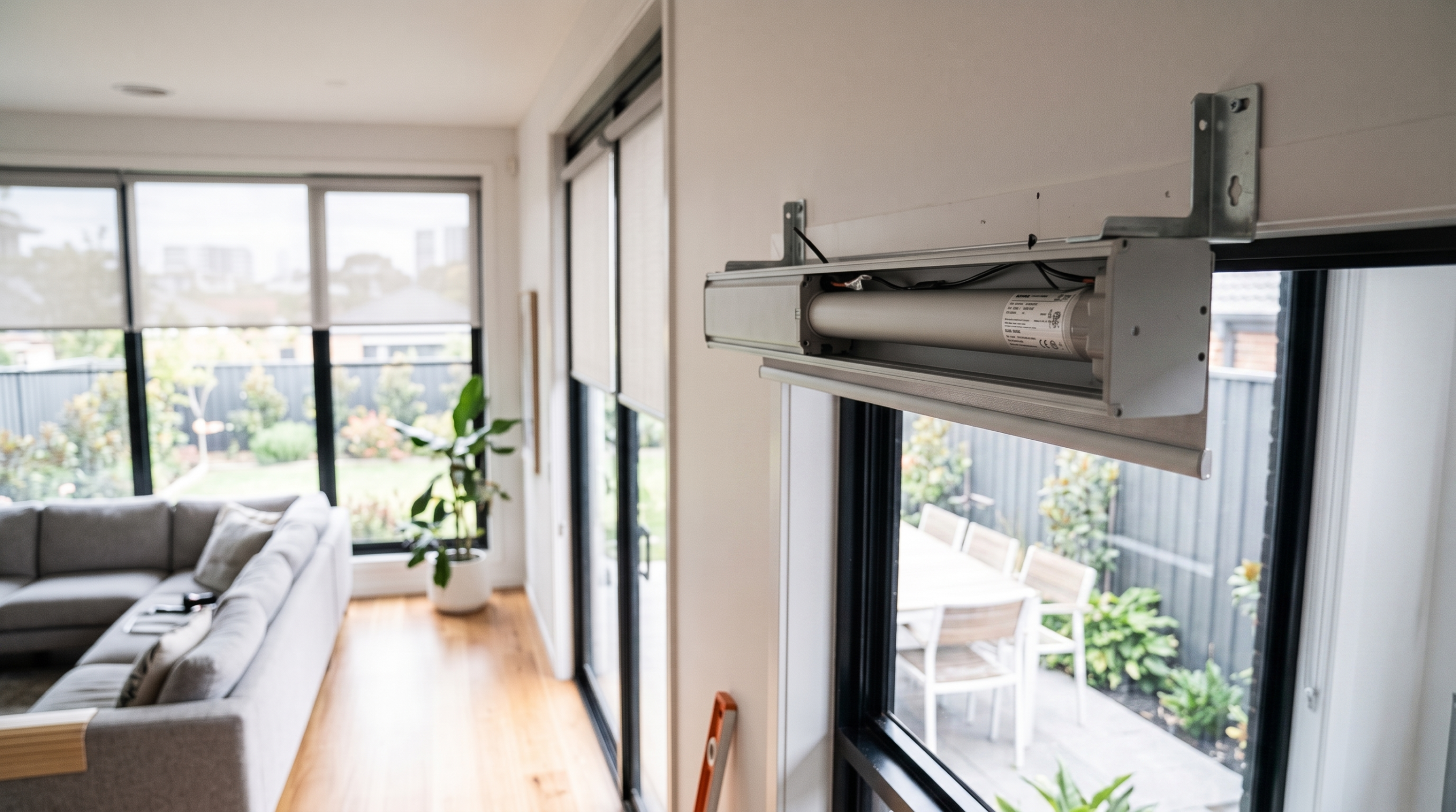 Motorized curtain track and remote control in modern Dubai villa living room