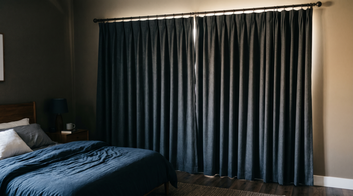 Layered sheer and blackout curtains providing extra protection from sunlight and dust in a modern Dubai living room.