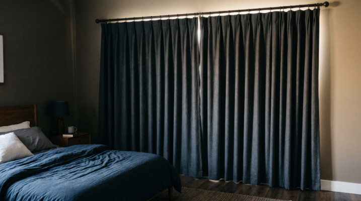 Layered sheer and blackout curtains providing extra protection from sunlight and dust in a modern Dubai living room.