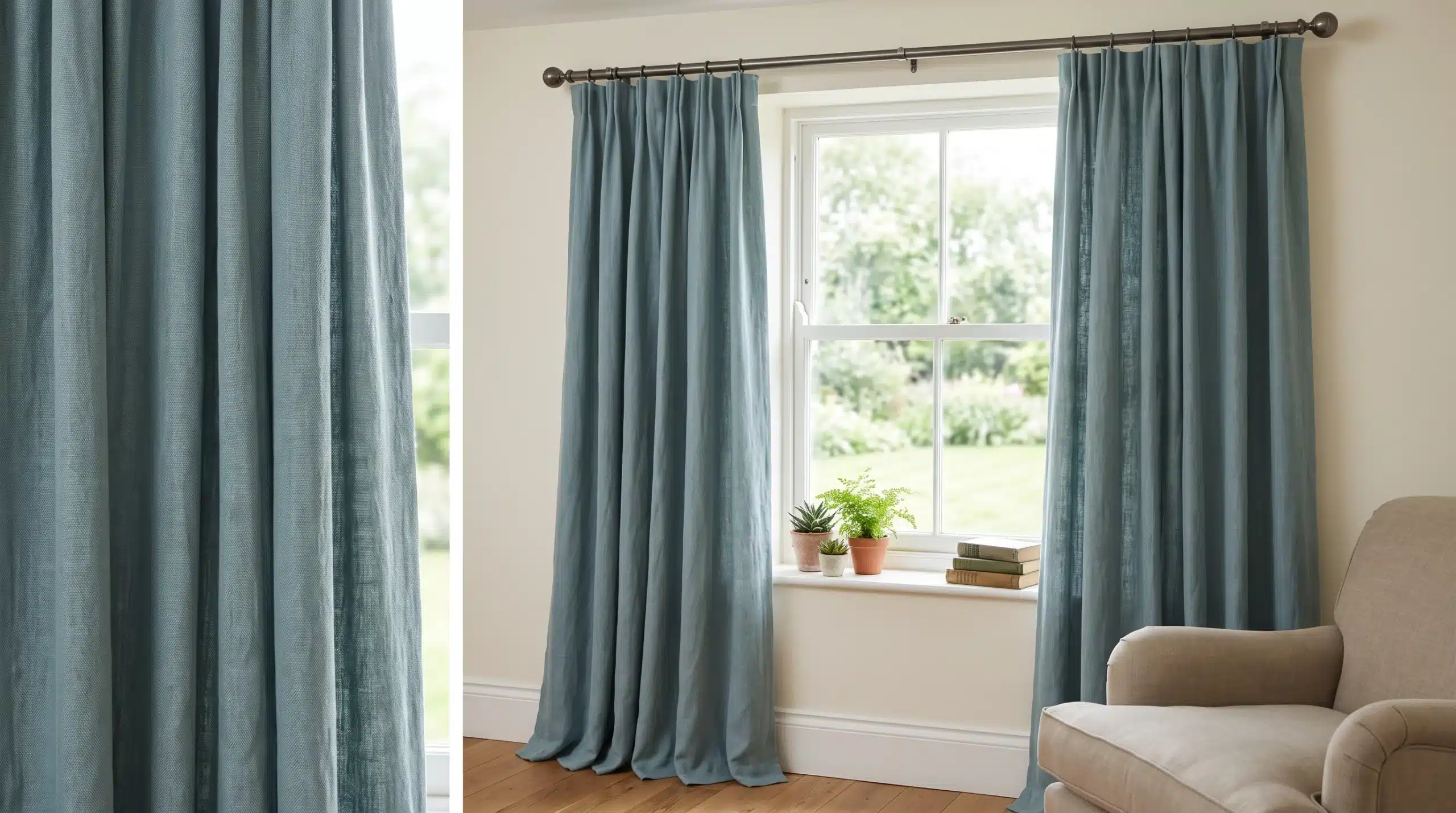 Elegant villa curtains Dubai with a sheer blackout combo Dubai installed on large sliding windows for flexible daylight control and privacy.