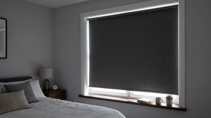 Stylish blackout curtains installed in a modern Dubai villa living room with floor-to-ceiling windows