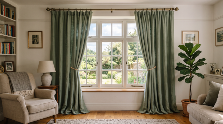 Modern Roman blinds Dubai installed in a stylish apartment living room with elegant interior design