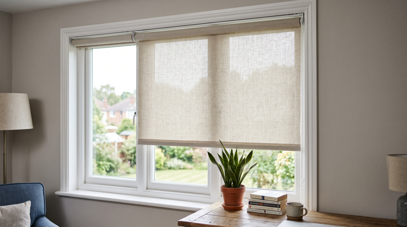 Blackout Roman blinds providing sunlight and privacy control in a Dubai bedroom
