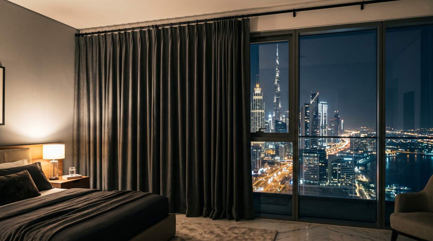 Custom blackout curtains for a large Abu Dhabi villa window
