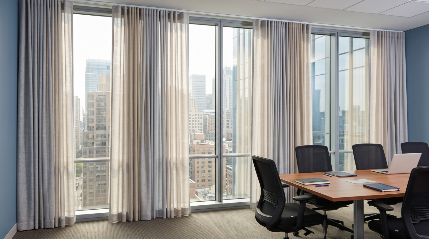 Custom made office curtains and blinds installed in a contemporary Dubai workspace