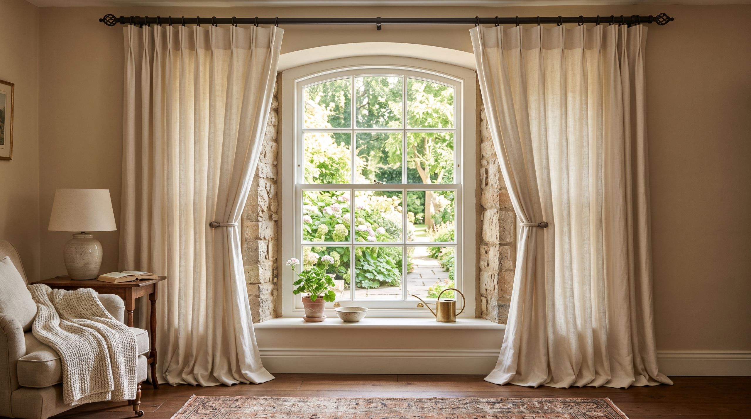 Motorized roman blinds Dubai installed on floor-to-ceiling windows in a luxury villa with custom made curtains in Dubai.