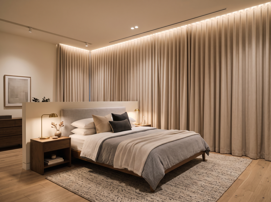 Custom bedroom blackout curtains blocking sunlight in a modern Dubai apartment