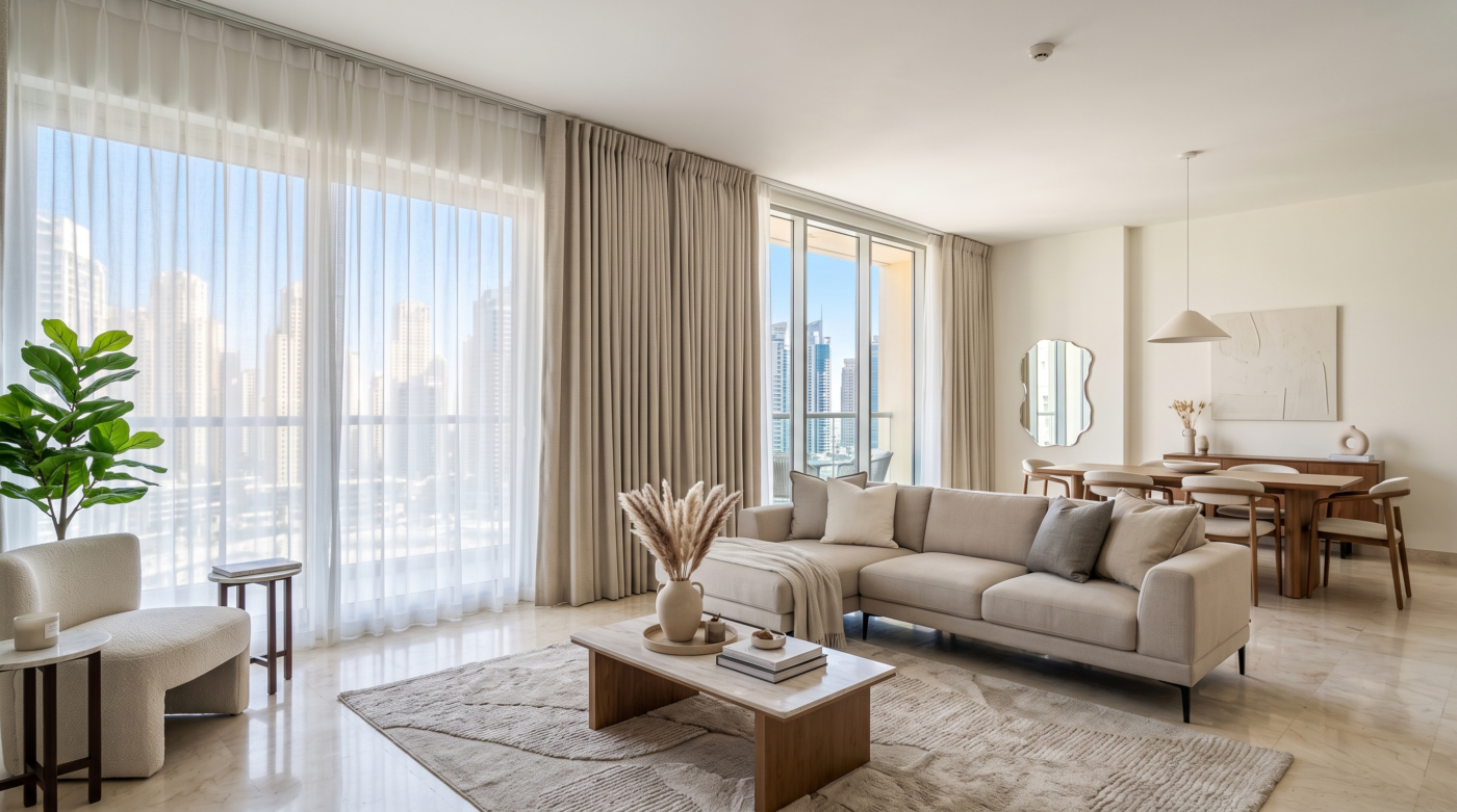 Eyelet sheer curtains Dubai paired with blackout layer for light control