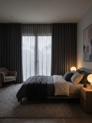 Layered sheer and blackout curtains in a Dubai bedroom