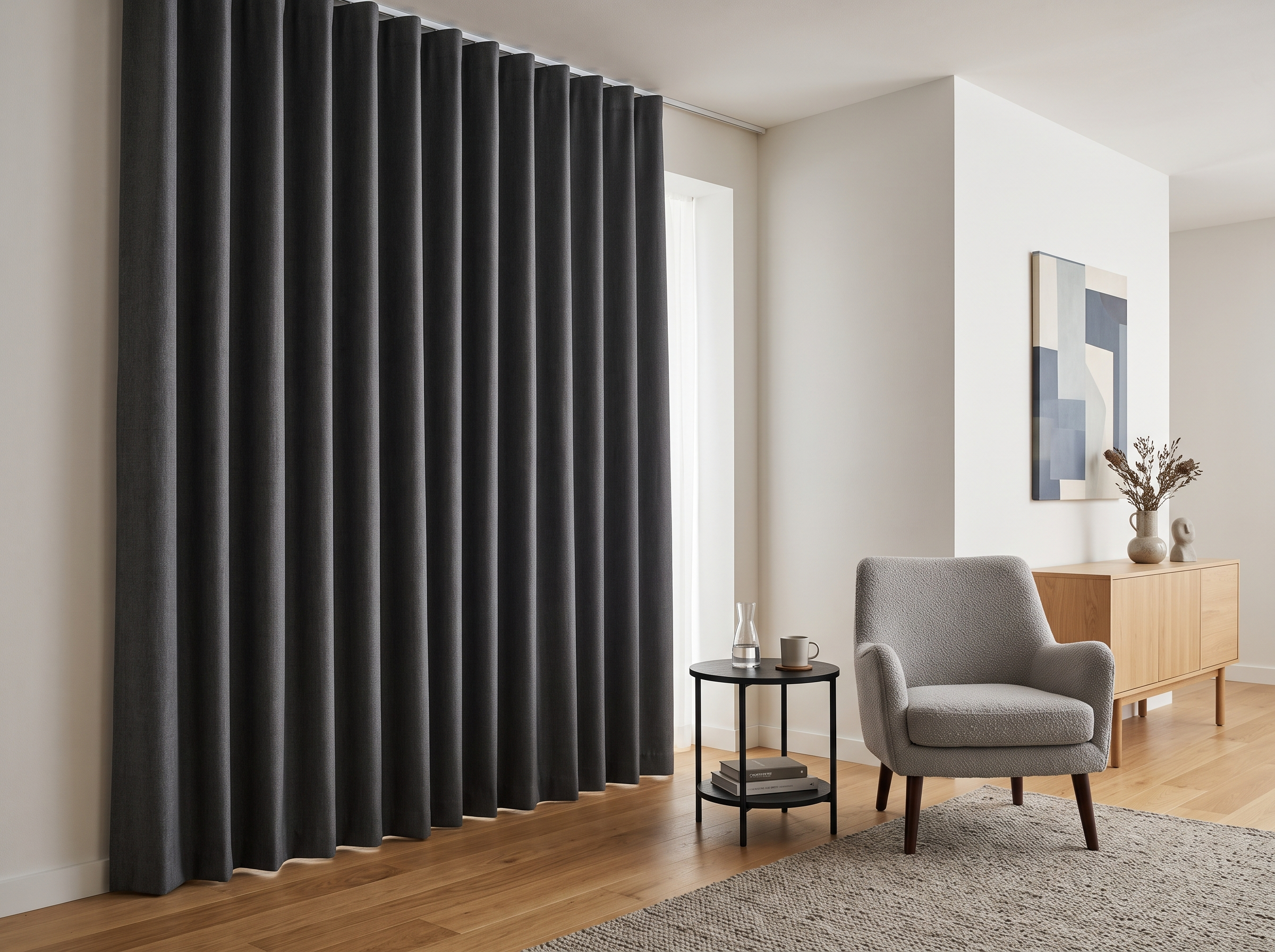 Thermal blackout curtains reducing heat in a bright Dubai living space