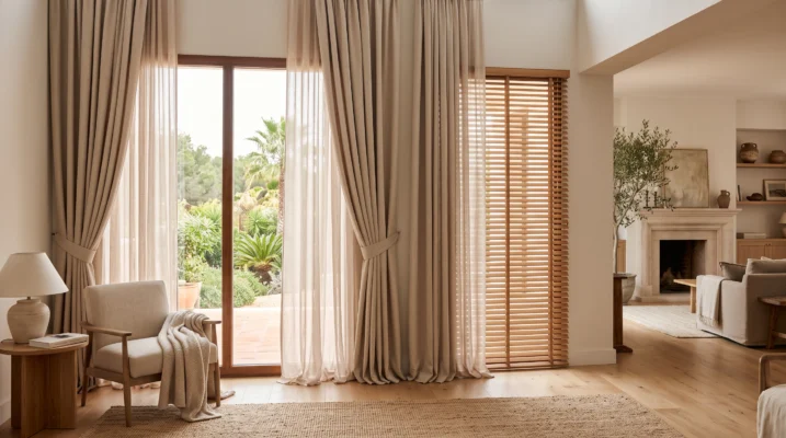 Villa curtains Dubai combined with wooden blinds for luxury light control